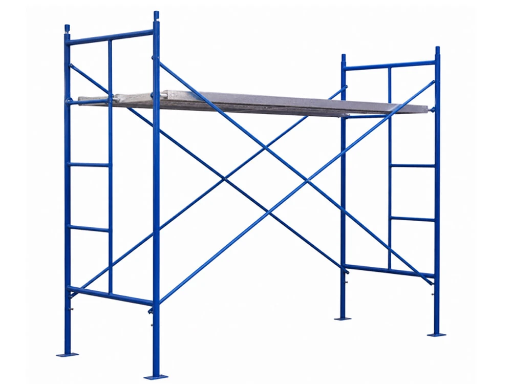 h frame scaffolding system with steel ladder frames, cross braces, and working platform for construction applications.